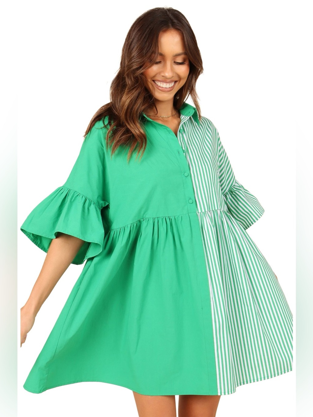 Petal & Pup Green Split-Panel Babydoll Shirt Dress